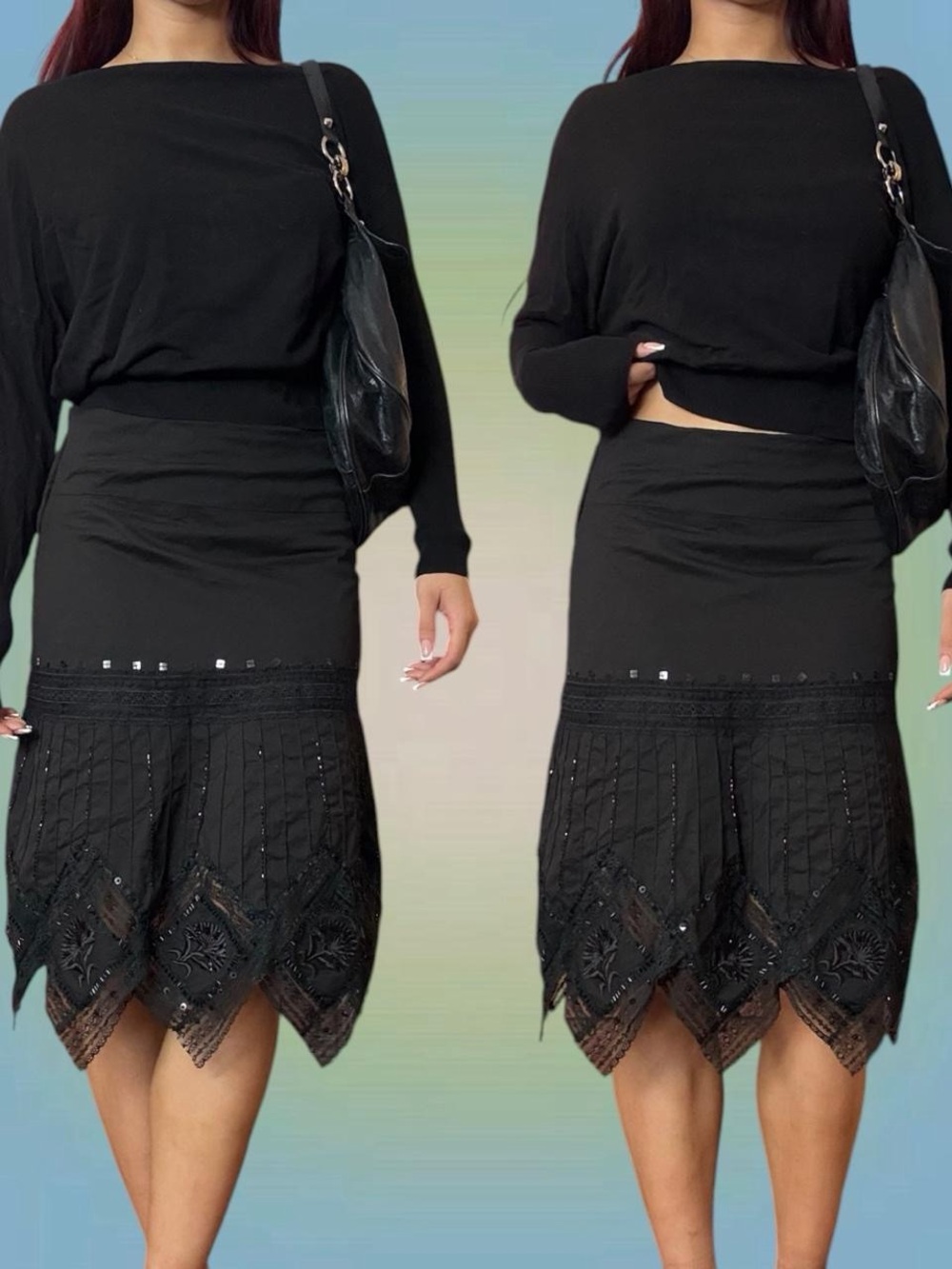 le chateau Black Midi Pencil Skirt with Embroidered Scalloped Hem